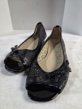 Naturalizer Black Peep-Toe Ballet Flats with Bow Accent